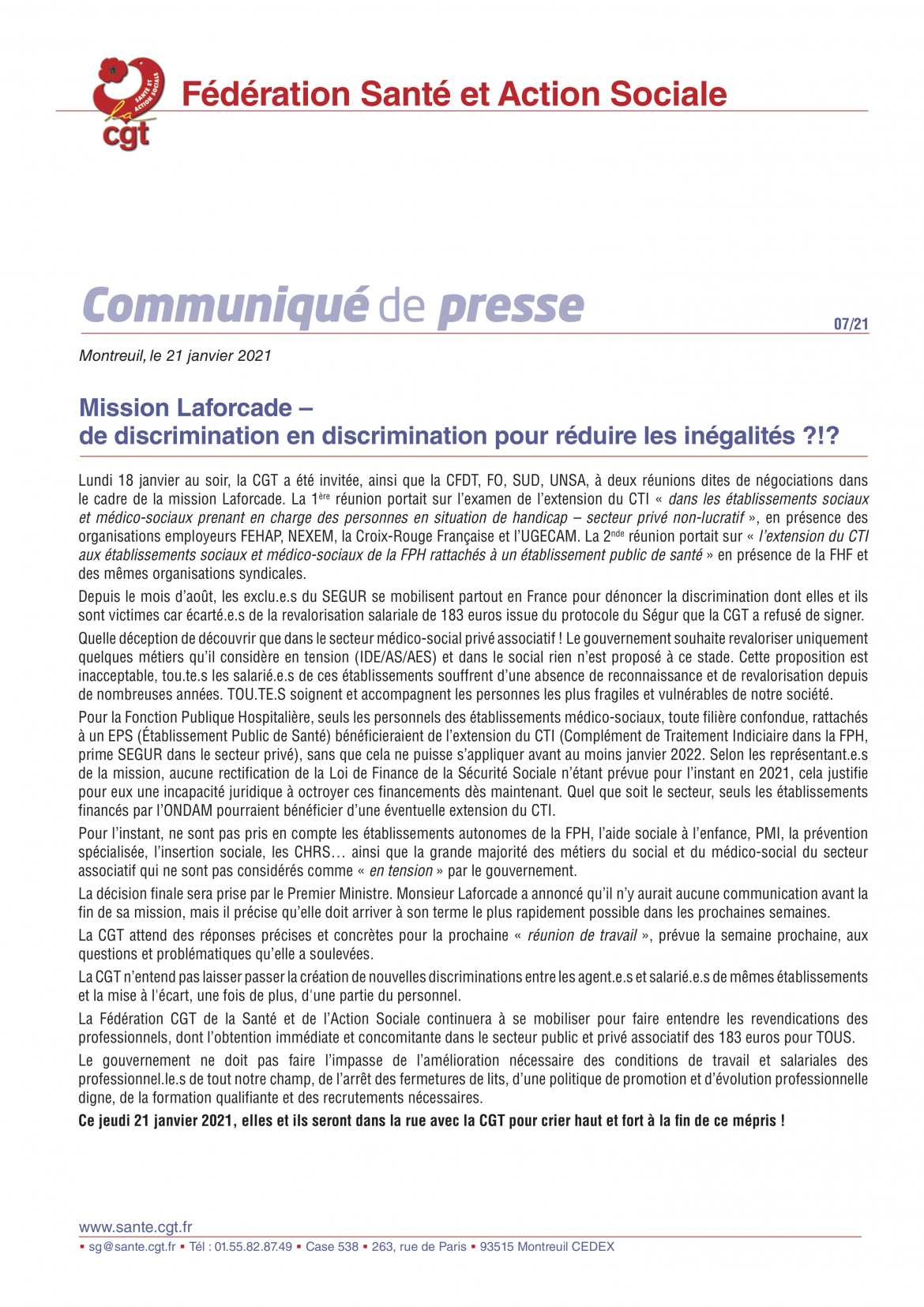 Mission Laforcade – de discrimination en discrimination pour réduire les inégalités ?!? - Communiqué de Presse  CGT Santé & Action Sociale 07/21 - 21/01/2021