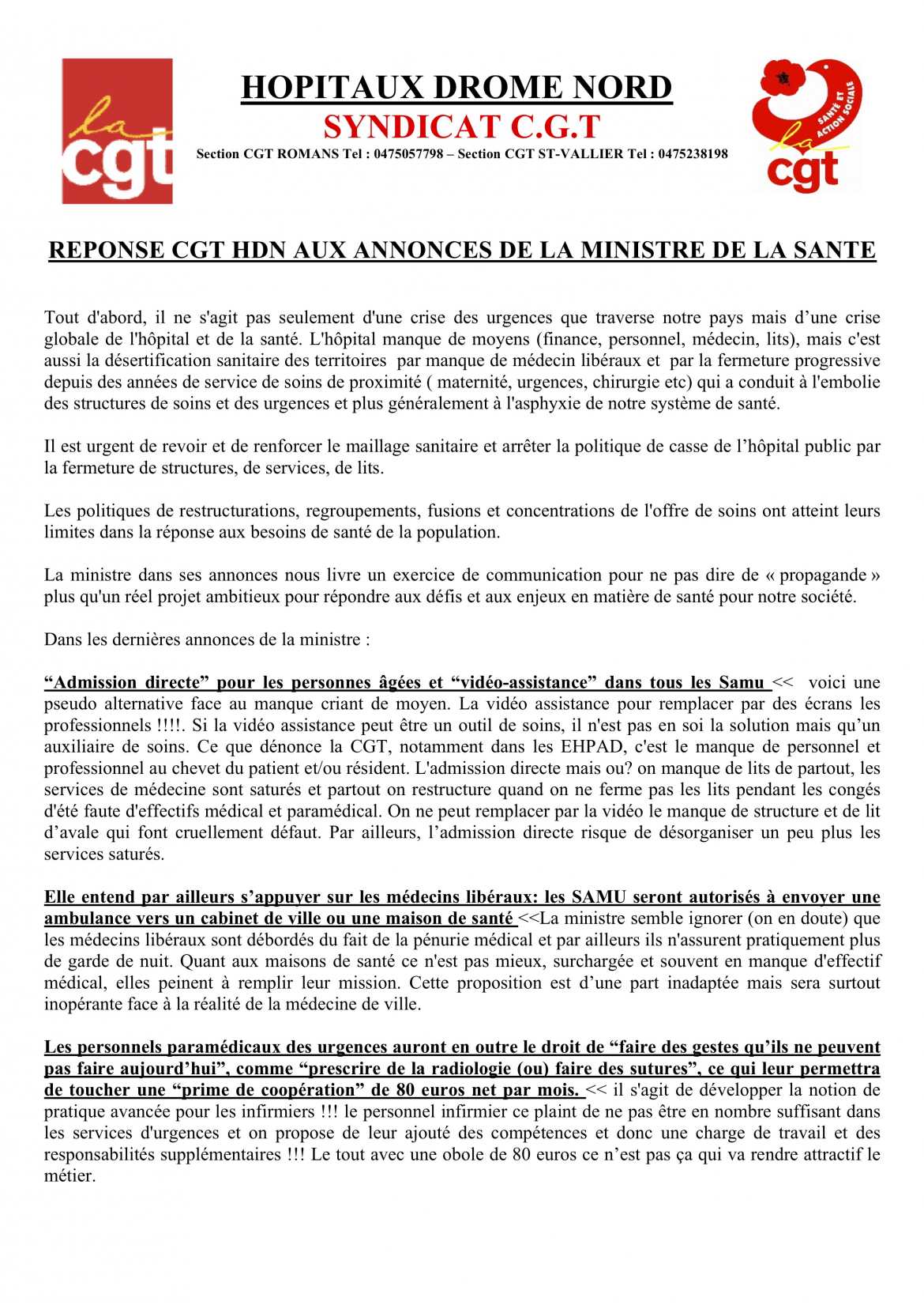 Réponse CGT HDN à la Ministre au 3 septembre 2019