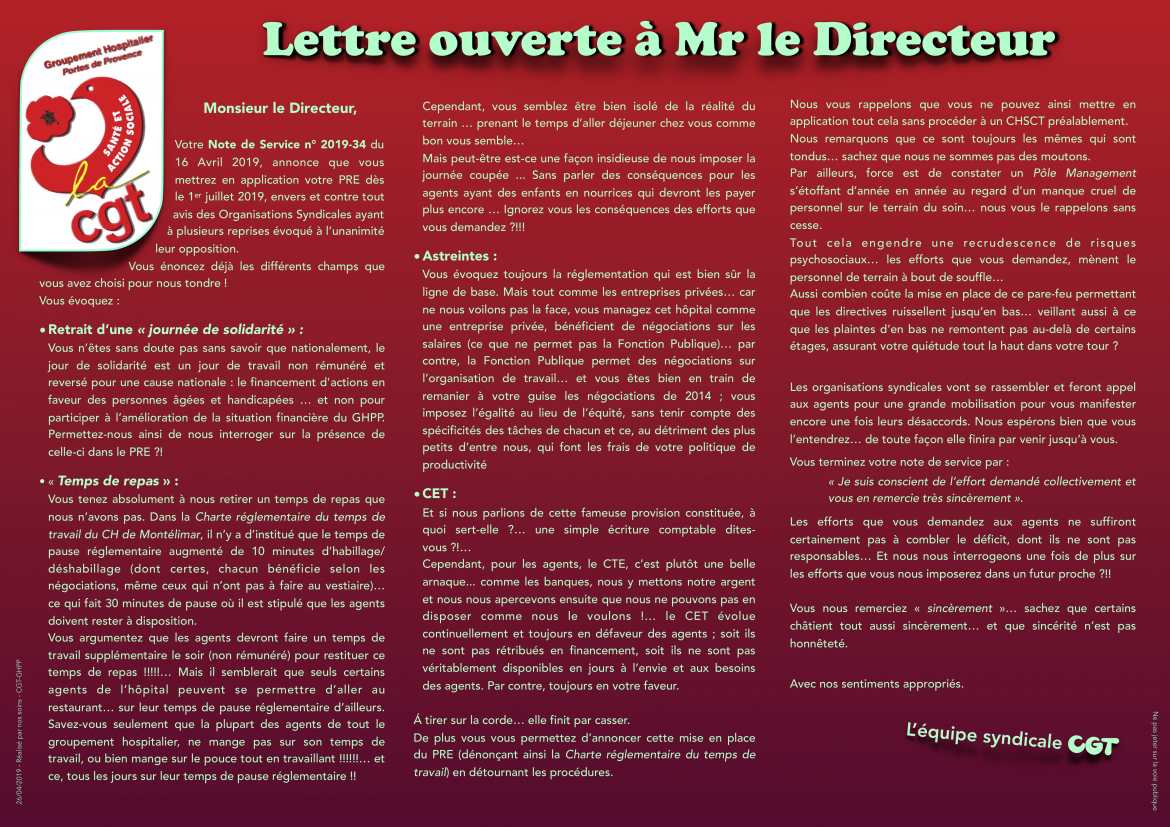 Lettre ouverte au Directeur, concernant la Note de Service 2019-34 en perspective de l'application du PRE