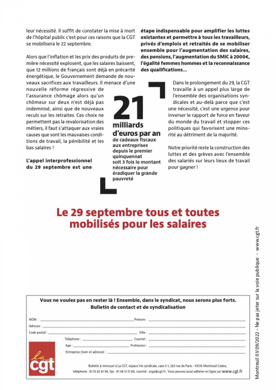 Tract confédéral CGT - 29 septembre 2022