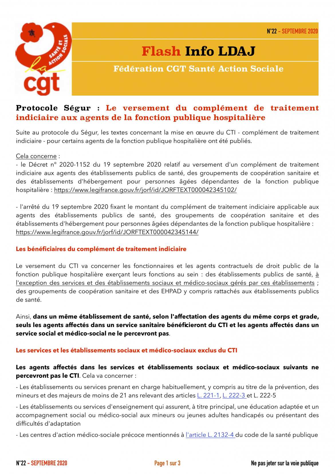 Protocole Ségur : Le versement du complément de traitement indiciaire aux agents de la fonction publique hospitalière - Flash Info LDAJ Fédération CGT Santé & Action Sociale - N°22 - Septembre 2020