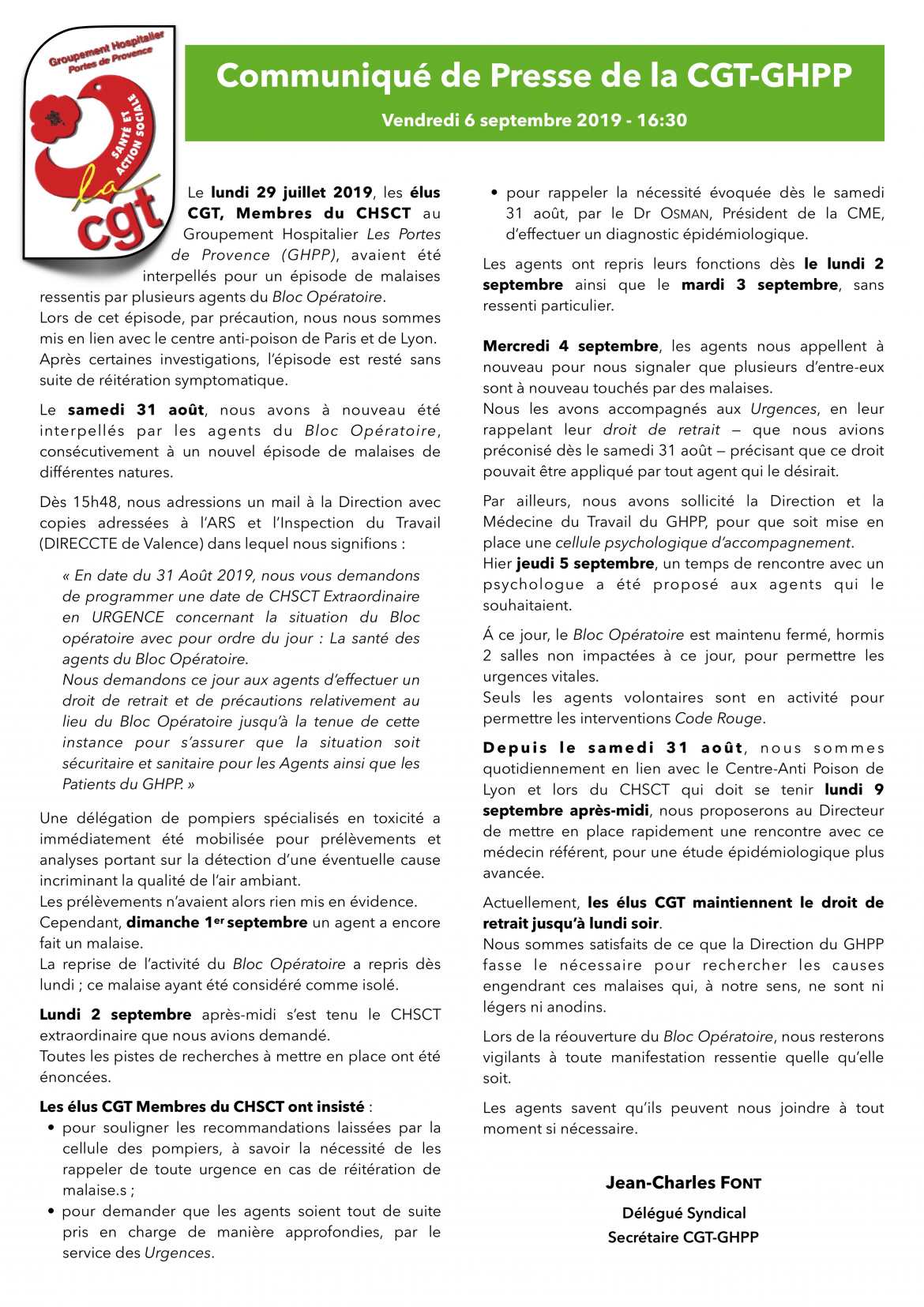 Communiqué de Presse CGT-GHPP du 6 septembre 2019 - 16h30 - Spécial Bloc Opératoire