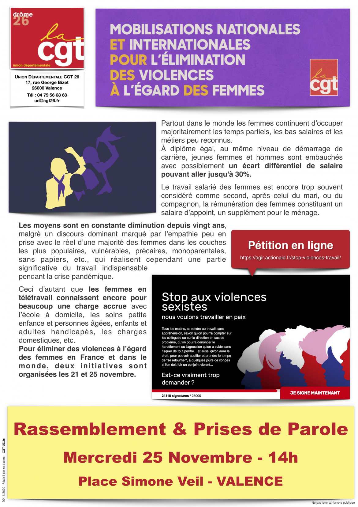 Tract - Mobilisation nationale lutte contre violences faites aux femmes - Rassemblement à Valence
