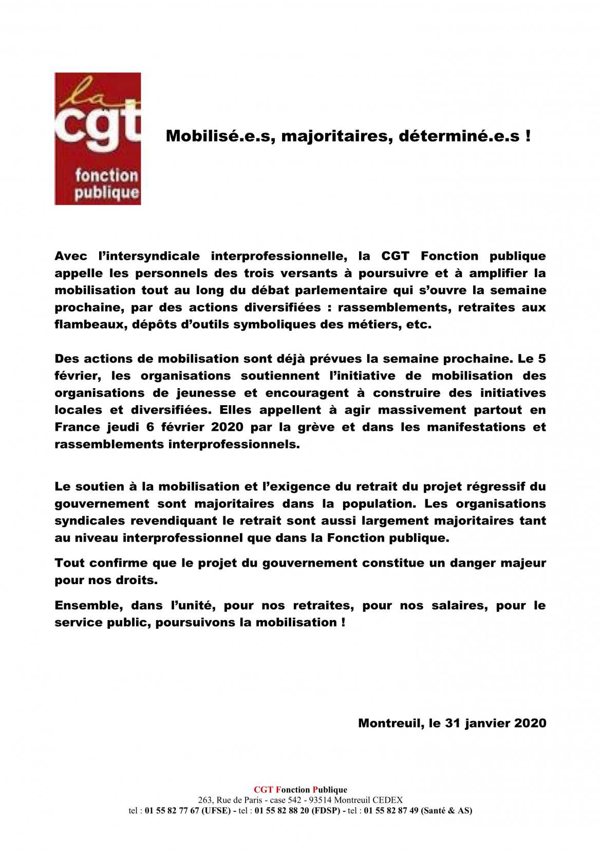 CGT Fonction Publique - Appel à la grève le 6 février 2020 pour les 3 Fonctions Publiques