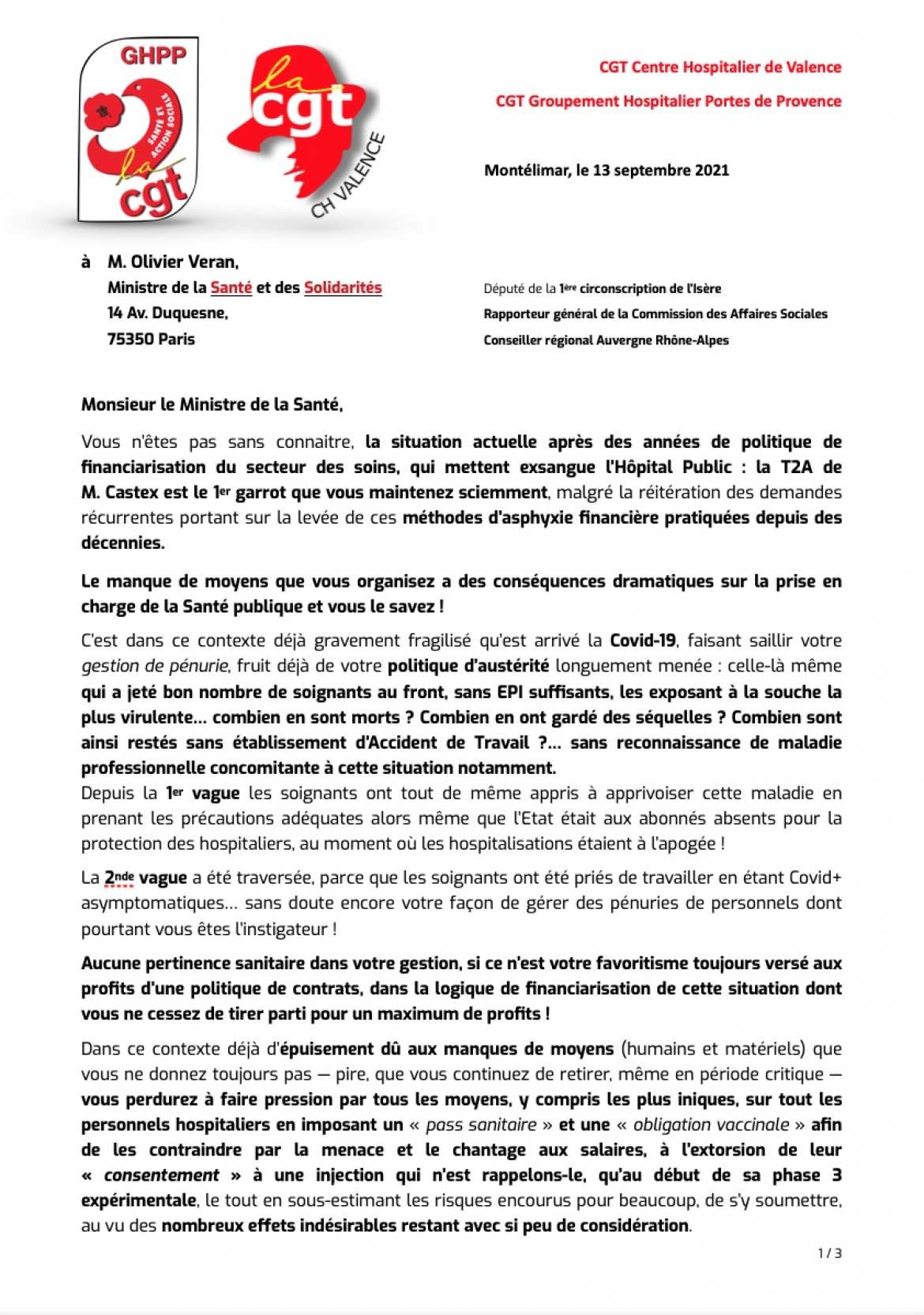 Courrier à O. Veran - CGT-GHPP & CGT-CHV - 13 sept. 2021 - 1/3
