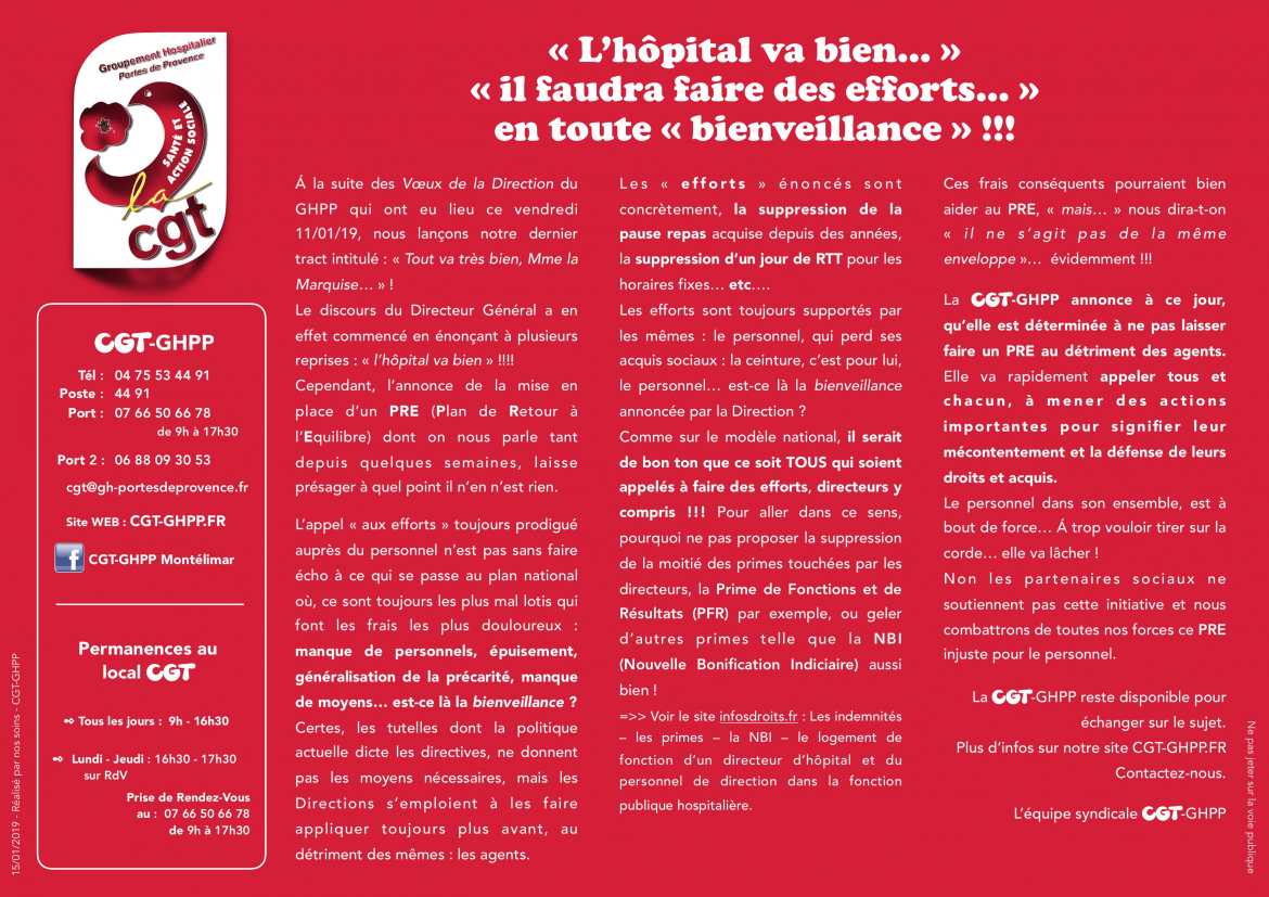 « L’hôpital va bien… » « il faudra faire des efforts… » en toute « bienveillance » !!! - Distribué le 15/01/19