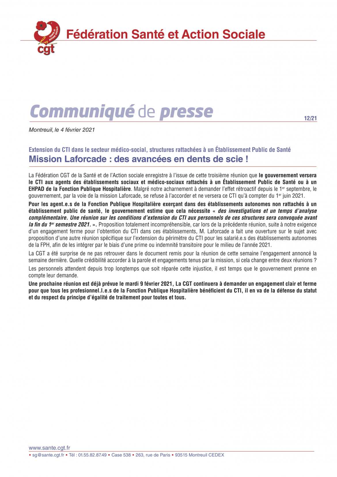 Extension du CTI dans le secteur médico-social, structures rattachées à un Établissement Public de Santé Mission Laforcade : des avancées en dents de scie ! - Communiqué de Presse CGT Santé & Action Socialel 12/21 - 04/02/2021