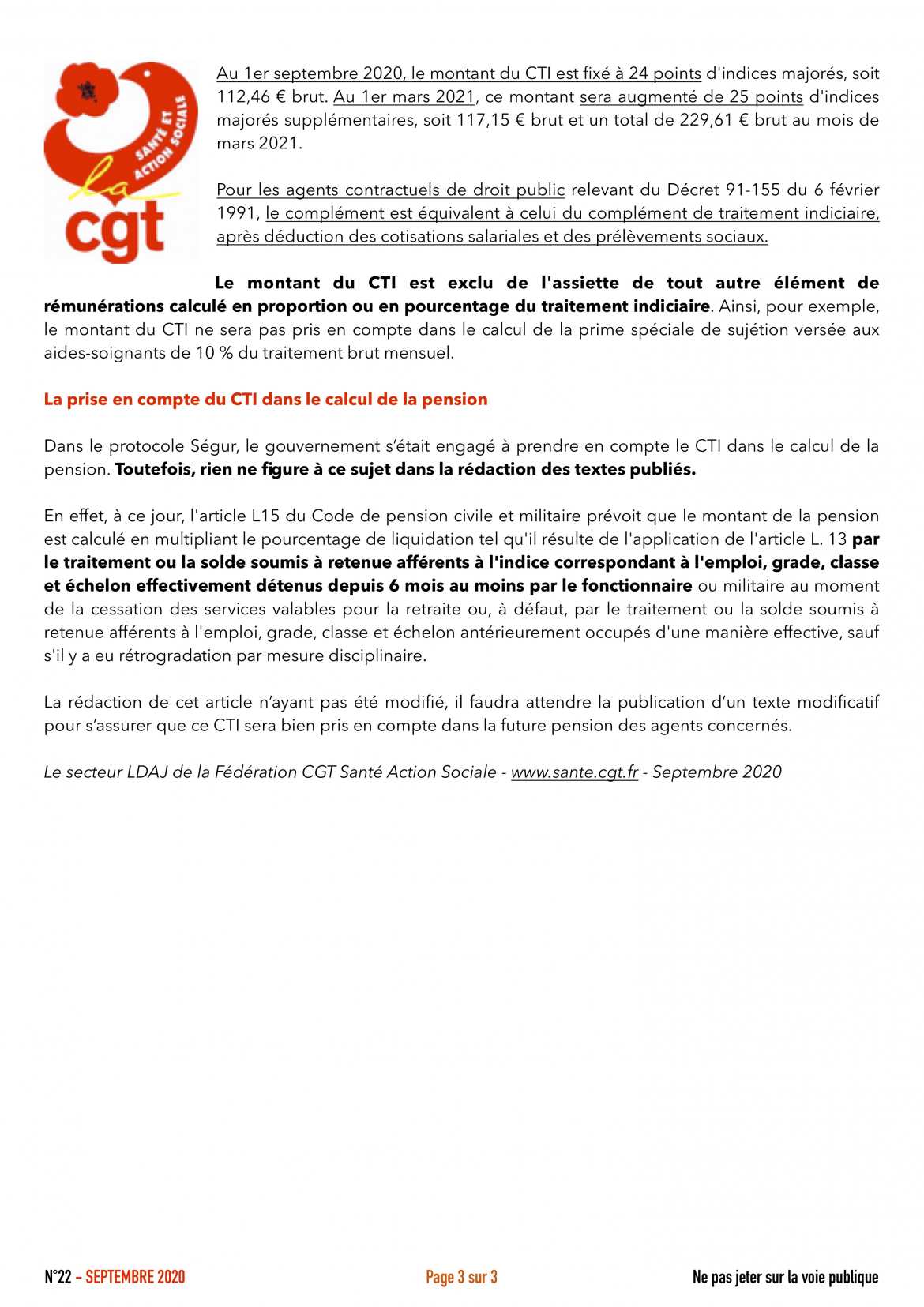 Protocole Ségur : Le versement du complément de traitement indiciaire aux agents de la fonction publique hospitalière - Flash Info LDAJ Fédération CGT Santé & Action Sociale - N°22 - Septembre 2020