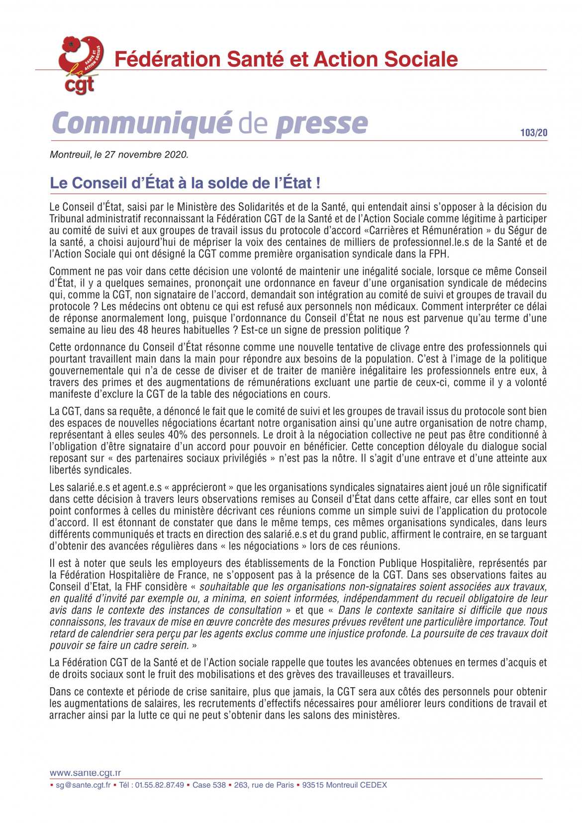 Le Conseil d’État à la solde de l’État ! - Communiqué de Presse CGT Santé & Action Sociale 103/20 - 27/11/2020