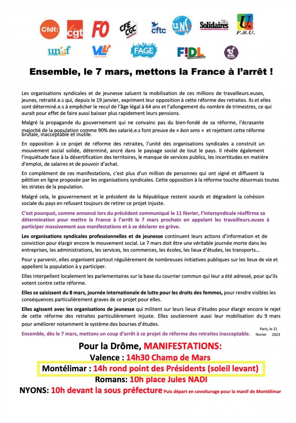 Tract unitaire - Appel à manifester le 7 mars 2023 - Réforme des Retraites