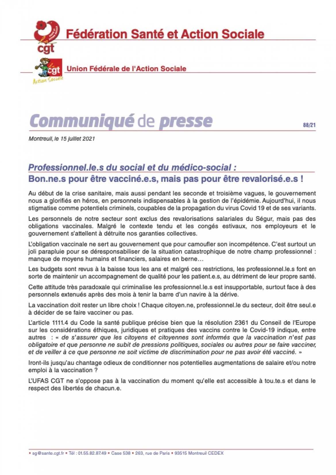 Communiqué de Presse 88/21 - Bon.ne.s pour être vacciné.e.s mais pas pour être revalorisé.e.s !