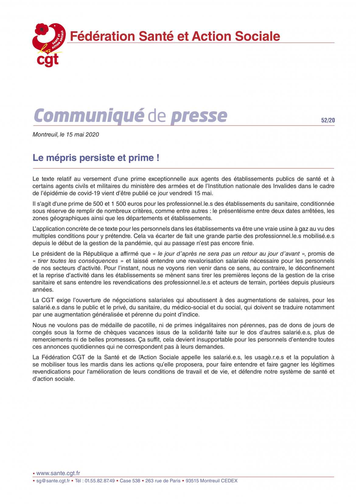 Communiqué Presse 52/20 - Fédération Santé & Action Sociale 