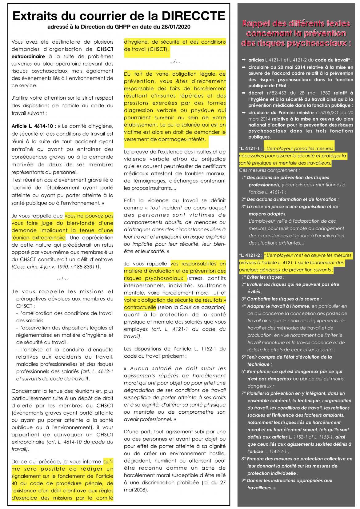 Extraits du Courrier de la DIRECCTE adressé à la Direction du GHPP en date du 28/01/2020