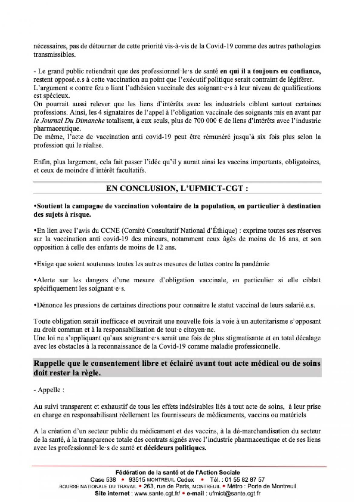 Avis UFMICT-CGT sur une possible obligation vaccinale anti-Covid des soignant.e.s