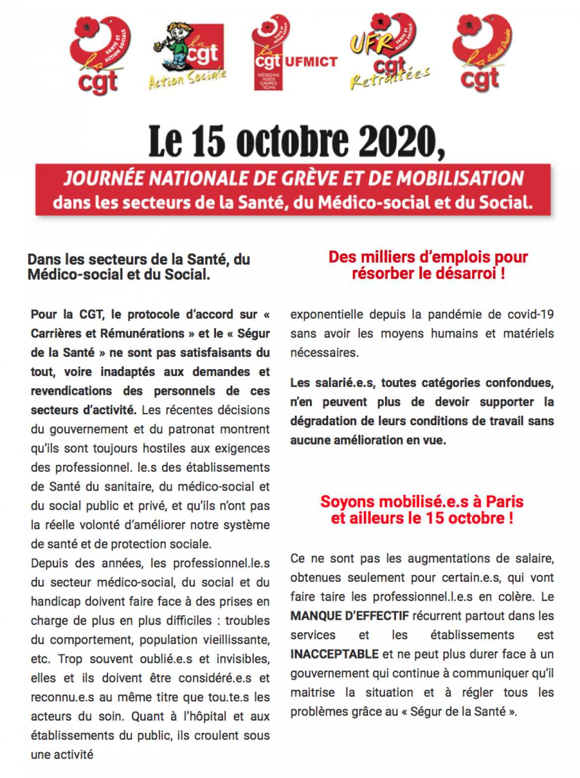 Journée Nationale de Grève et Mobilisation secteur Santé, médico-Social, Social