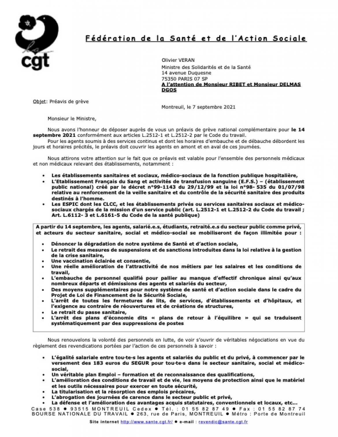 Préavis de grève spécifique du 14 septembre 2021 -  à télécharger