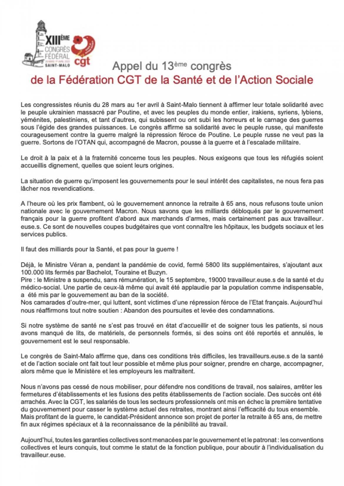 Tract Appel 13ème congrès Fédération Santé et Action Sociale - cliquez pour télécharger ce tract