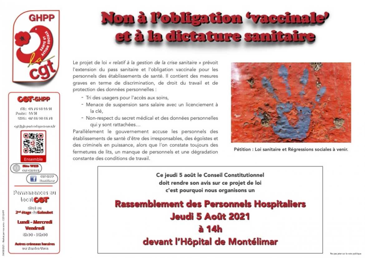 Tract CGT-GHPP - Non à l'obligation 'vaccinale' et à la dictature sanitaire - Recto