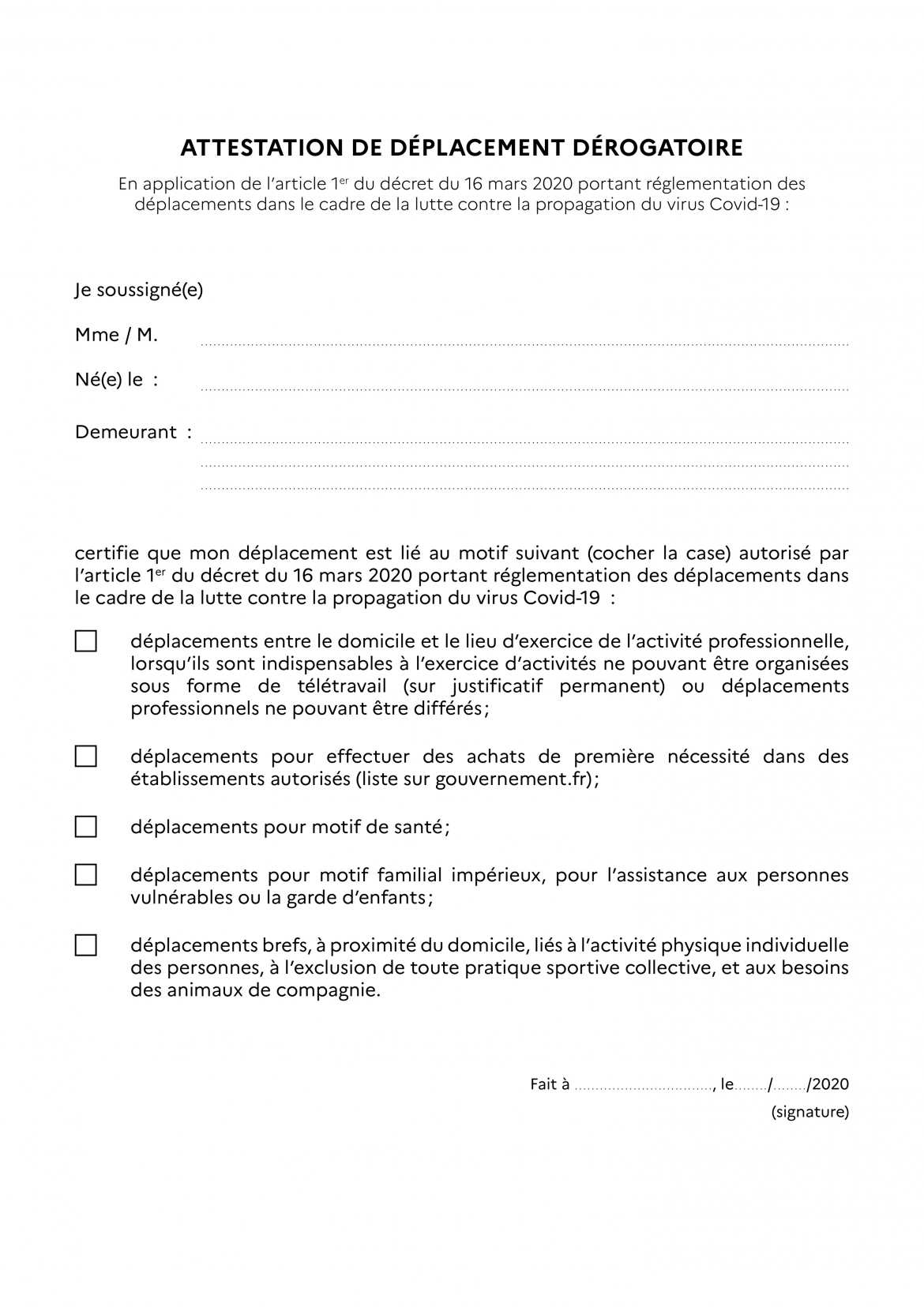 Attestation de déplacement dérogatoire