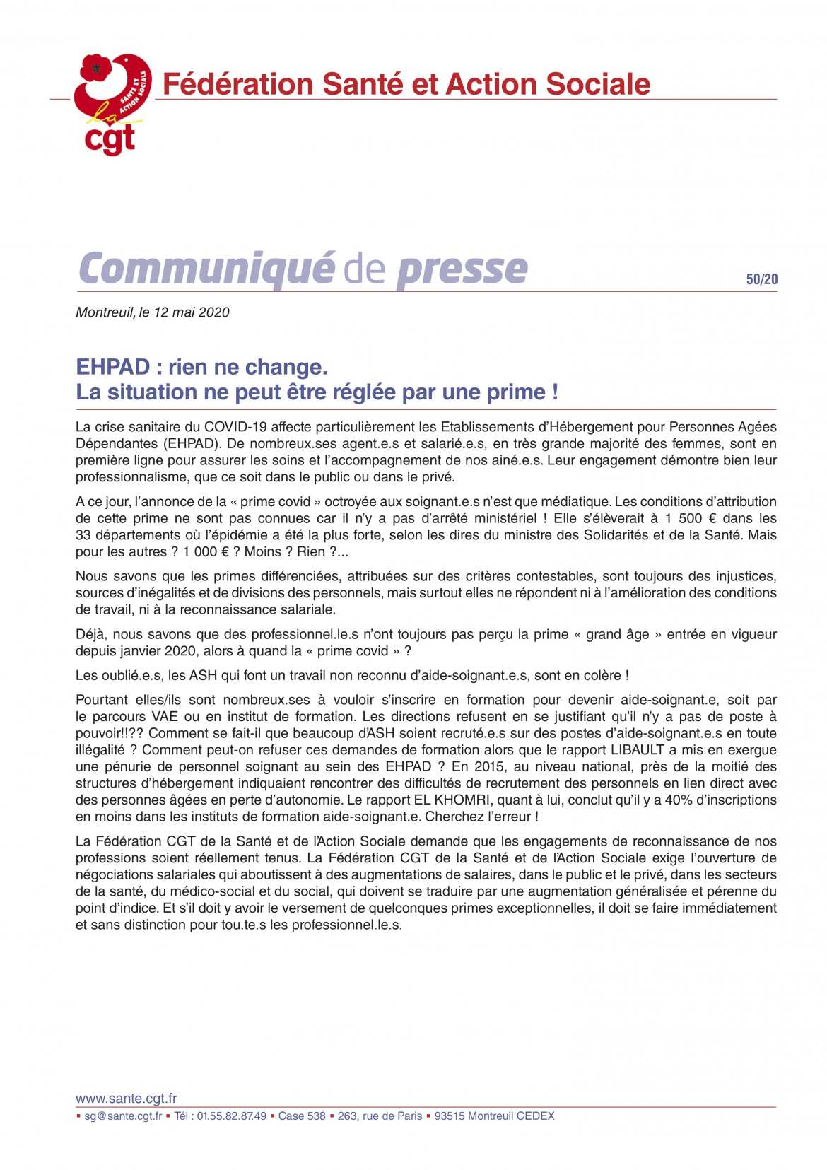 Communiqué Presse 50/20 - Fédération Santé & Action Sociale