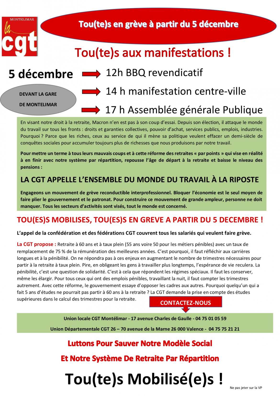 Réforme des Retraites Privé/Public - Tous perdants - Grève et Manifestation du 5 Décembre 2019 - Tract UL Montélimar