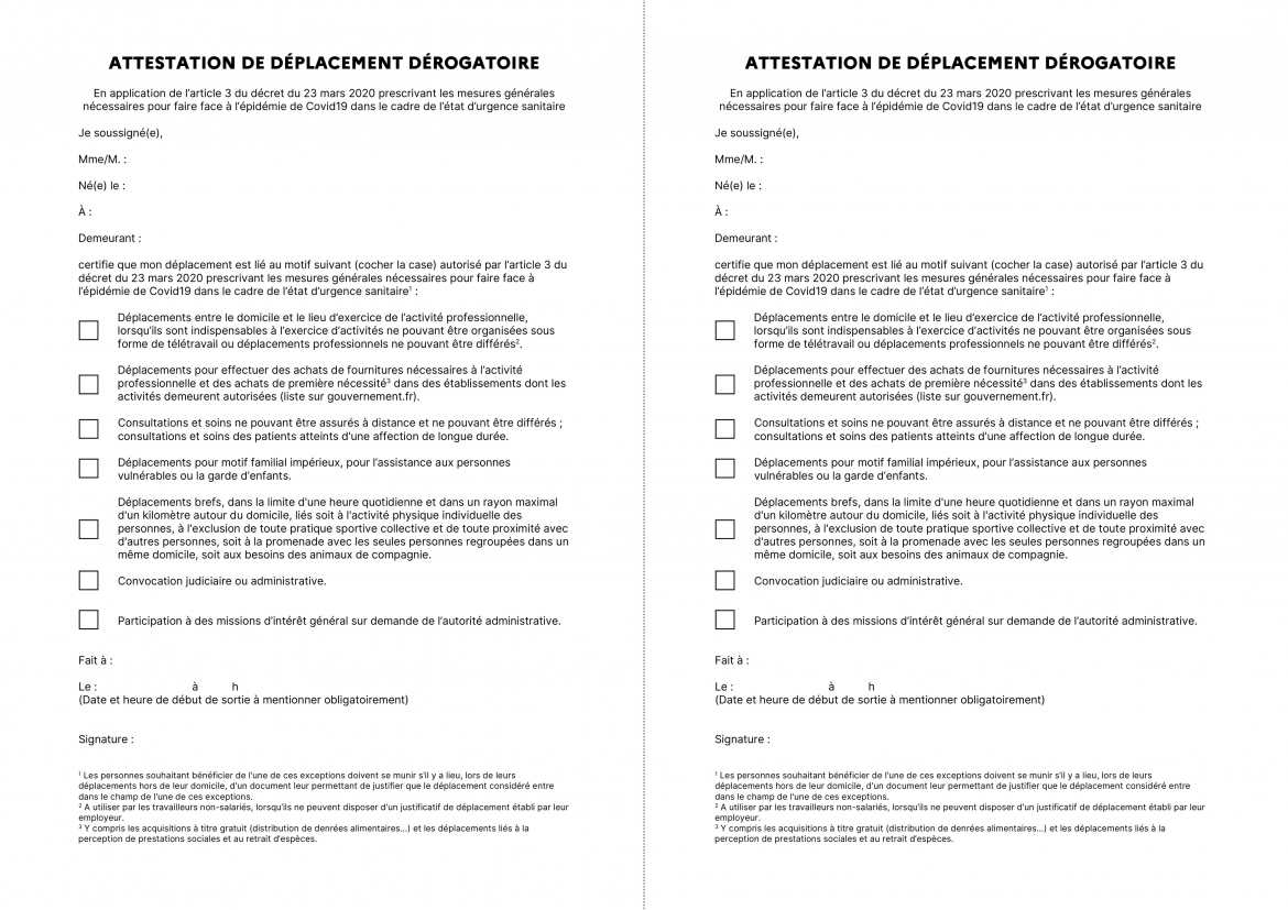 Attestation de déplacement dérogatoire  x 2
