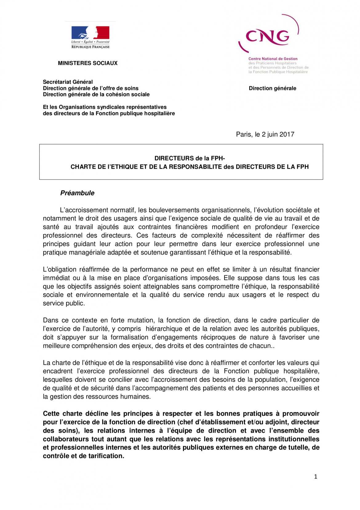 Charte de l'Éthique et de la Responsabilité des Directeurs de la FPH - p.1