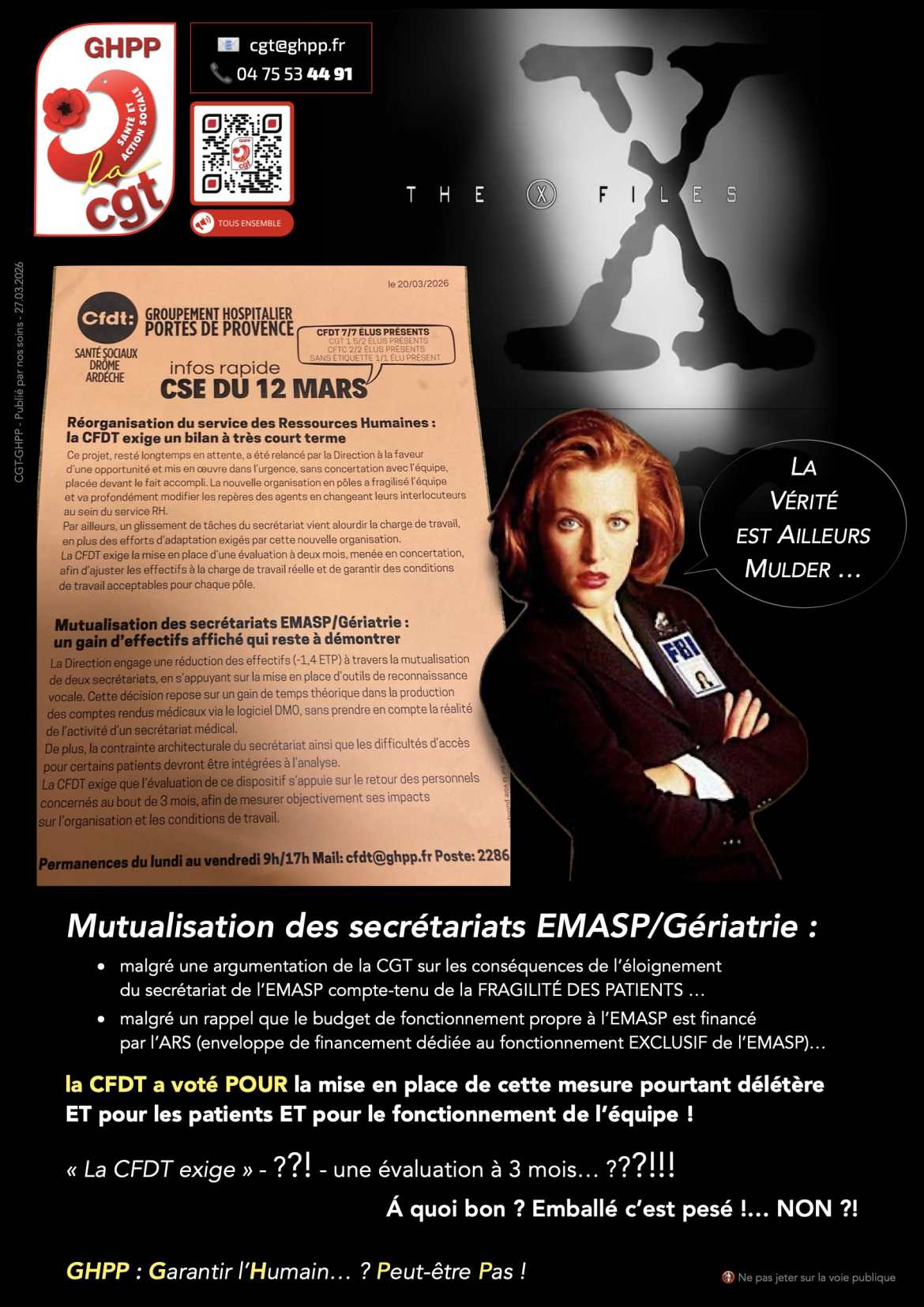 CSE du 12 mars 2026 - Mutualisation des secrétariats EMASP/Gériatrie - La vérité est ailleurs Mulder…