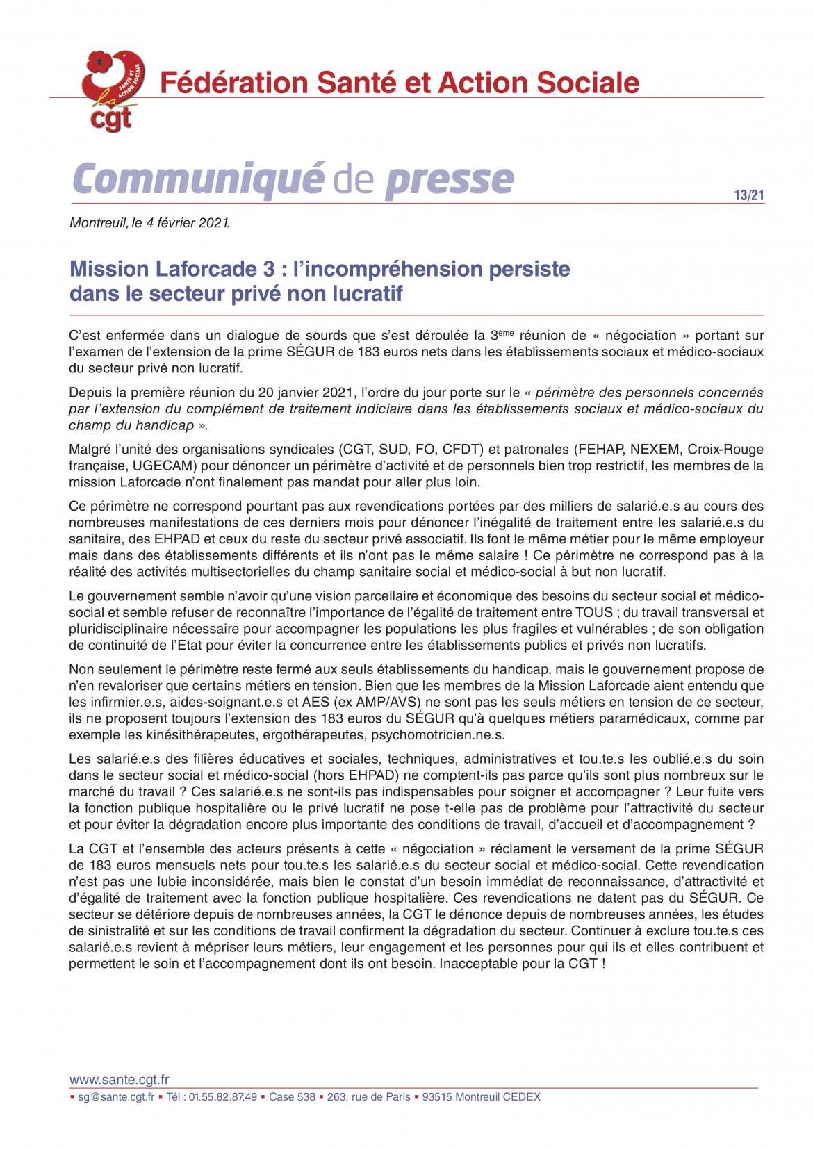 Mission Laforcade 3 : l’incompréhension persiste dans le secteur privé non lucratif - Communiqué de Presse CGT Santé & Action Socialel 13/21 - 04/02/2021