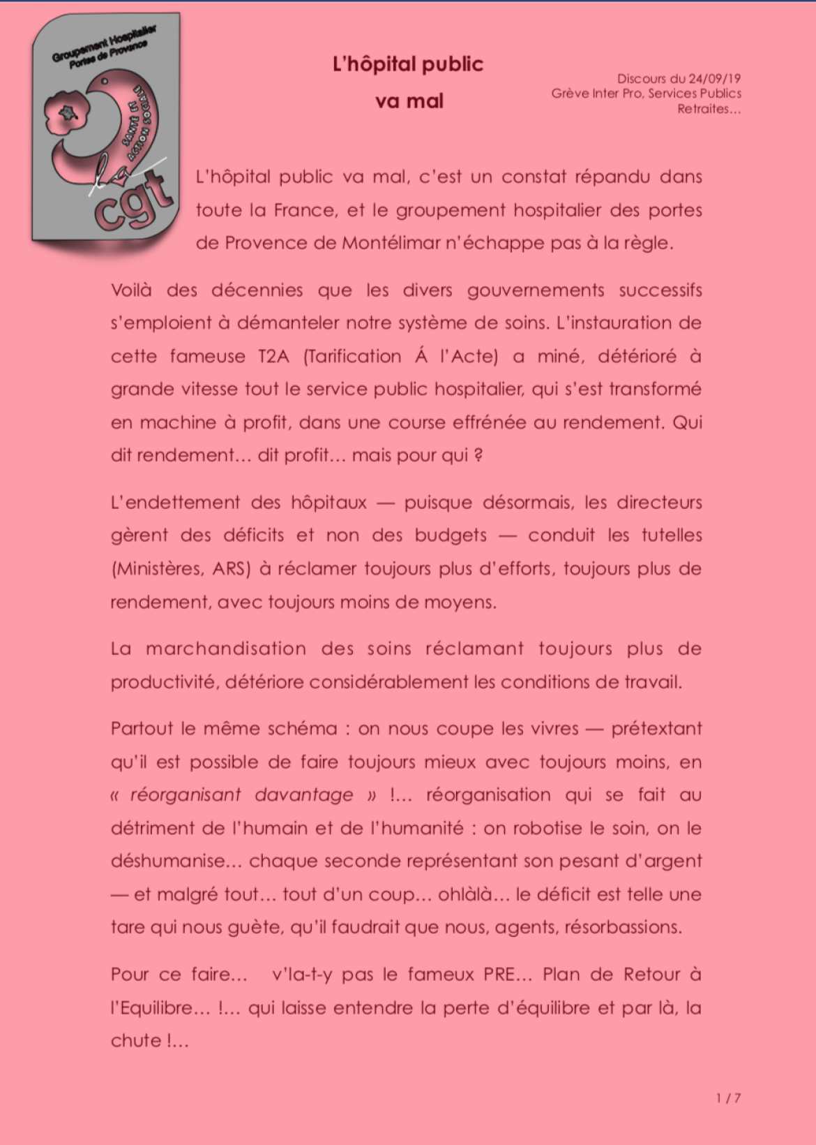L'hôpital va mal - Discours du 24/09/19