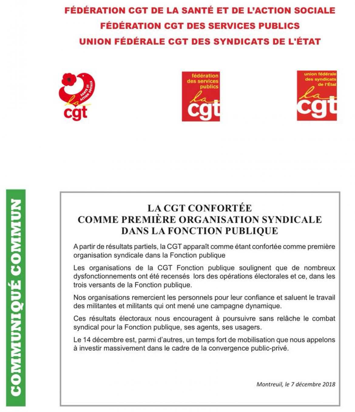 Communiqués CGT - Fédérations et Union Fédérale : CGT confortée comme 1ère organisation syndicale de la Fonction Publique