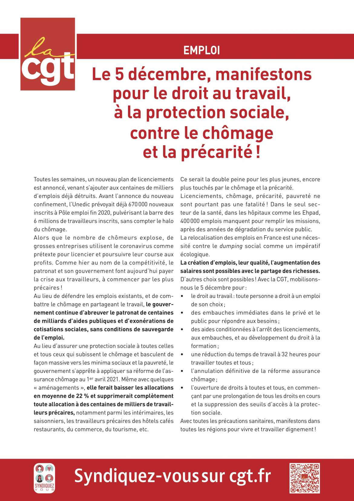 5 Décembre - Manifestation pour le Droit au Travail, la Protection Sociale, contre le Chômage et la Précarité ! - Tract CGT Confédéral
