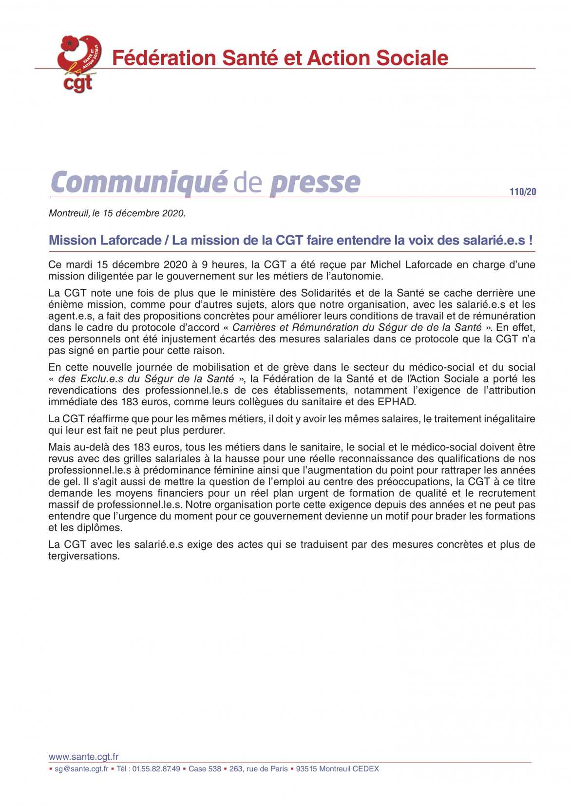 Mission Laforcade / La mission de la CGT faire entendre la voix des salarié.e.s ! - Communiqué de Presse CGT Santé & Action Sociale 110/20 - 15/12/2020