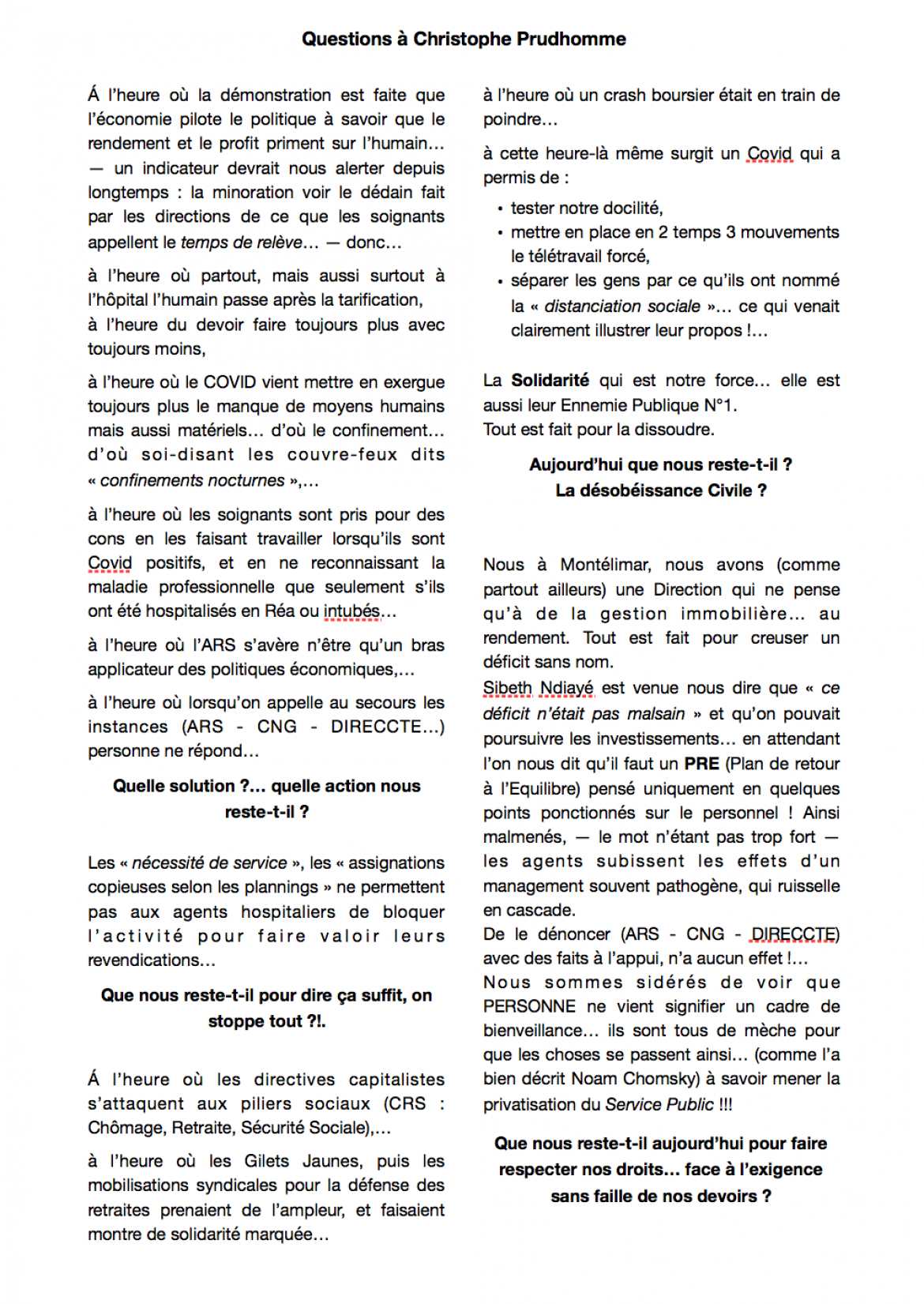 Nos questions CGT-GHPP  à Christophe Prudhomme