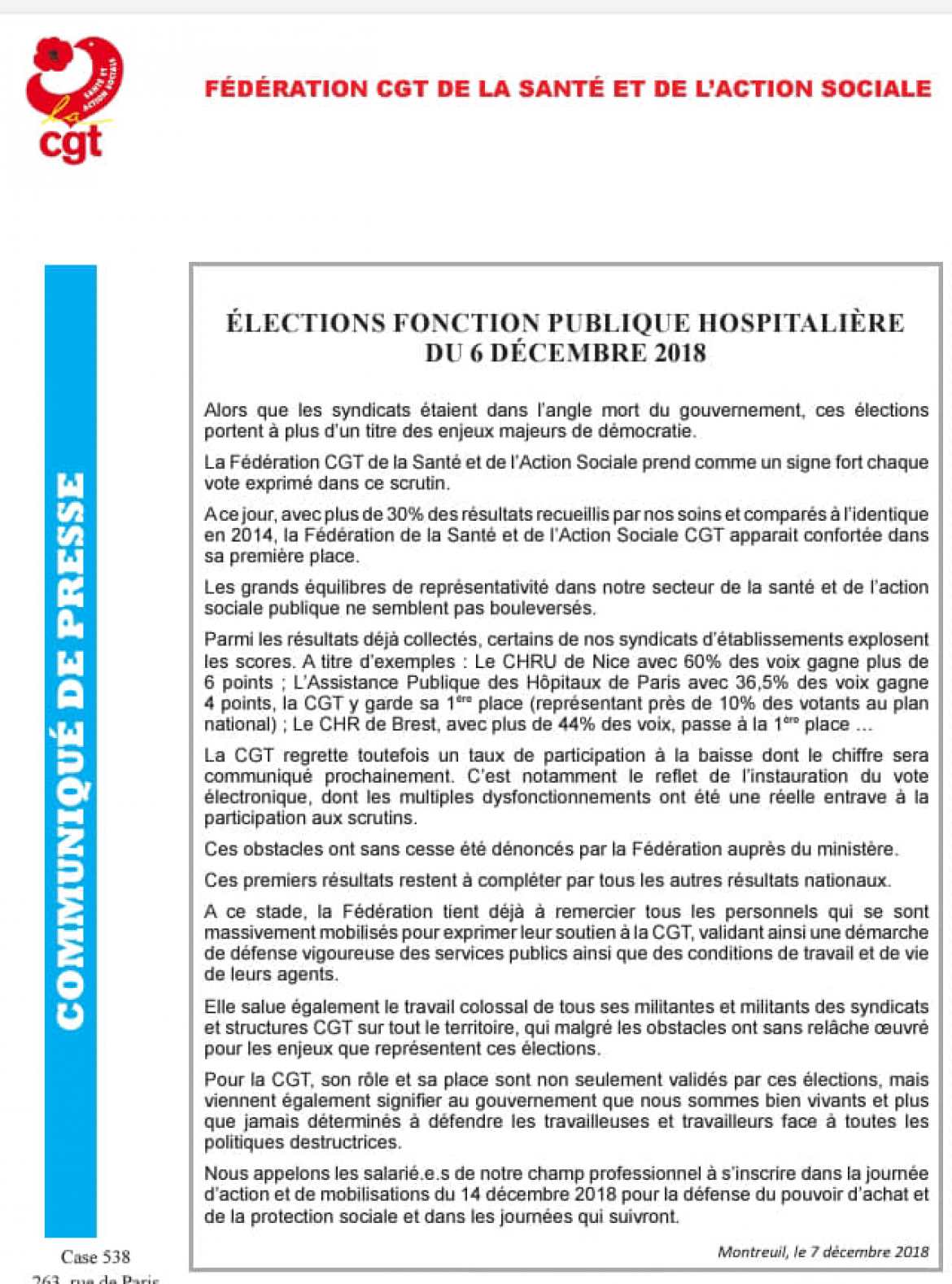 Communiqués CGT - Fédérations et Union Fédérale : CGT confortée comme 1ère organisation syndicale de la Fonction Publique