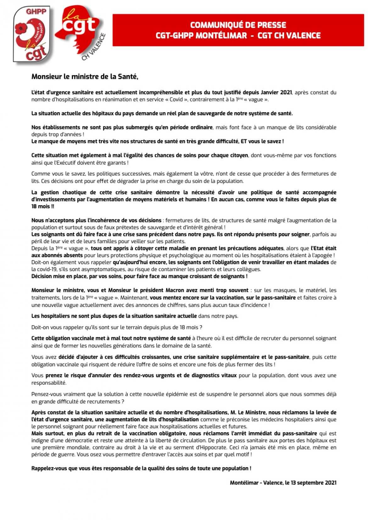 Communiqué de Presse CGT-GHPP & CGT - CH Valence - 13.09.21