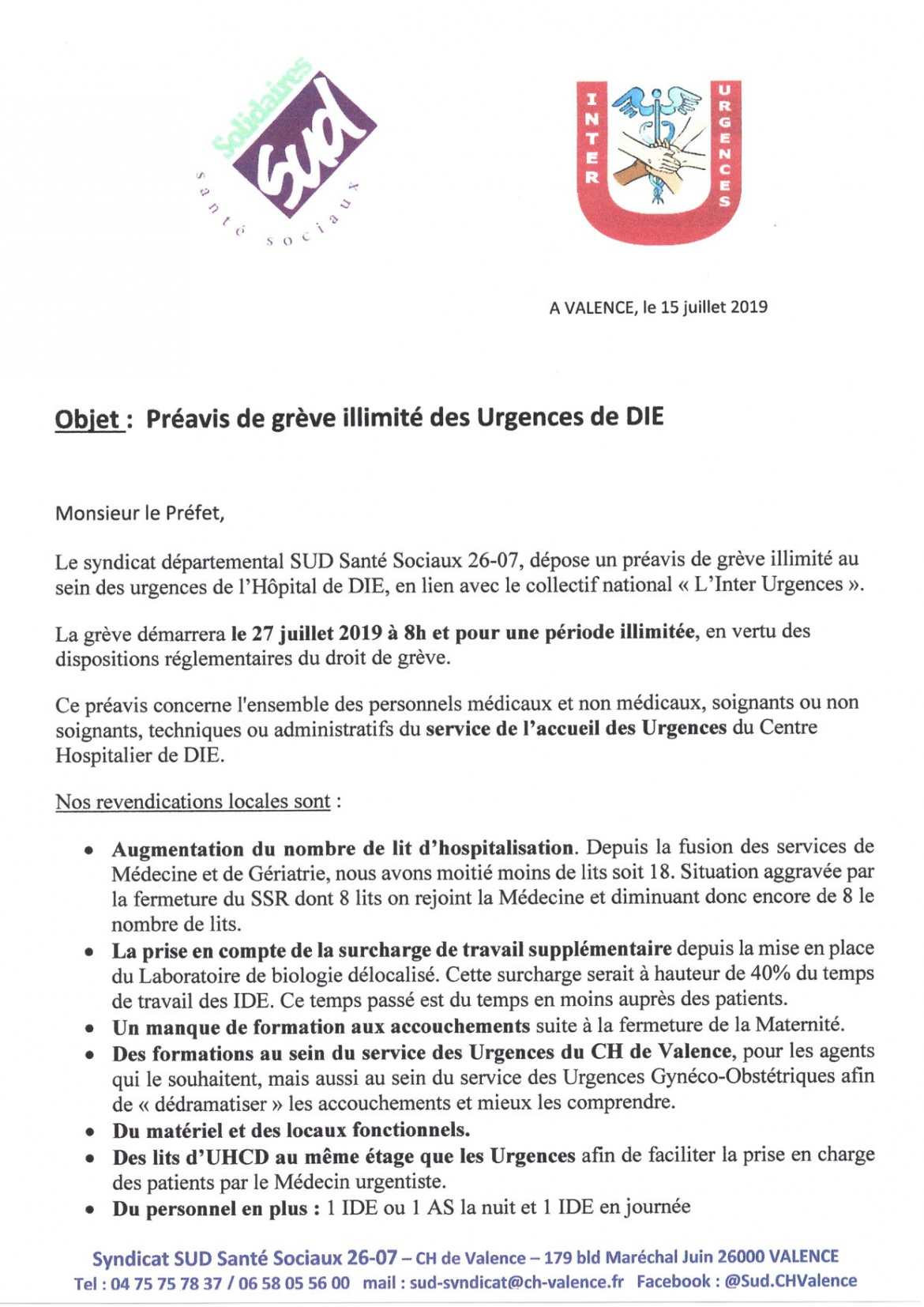 Préavis de grève illimité des Urgences de Die - 15/07/19 - Page 1